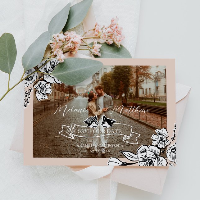 Elegant Woodland Fox Floral Sketch Fairytale Photo Save The Date (Elegant Woodland Fox Floral Sketch Fairytale Photo Save The Date)
