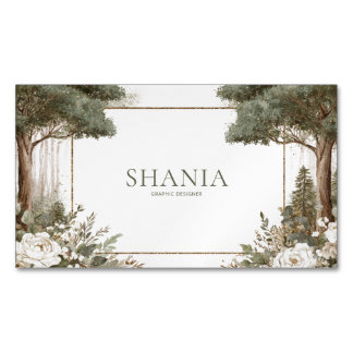 Elegant Woodland White Peony Gold Glitter Frame Magnetic Business Card