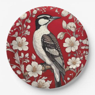 Elegant Woodpecker Floral William Morris Inspired Paper Plate