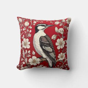 Elegant Woodpecker Floral William Morris Inspired Throw Pillow