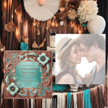 Elegant Woven Frame Copper Turquoise Wedding Invit