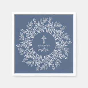 Elegant Wreath and Cross Blue Boy Baptism Napkin