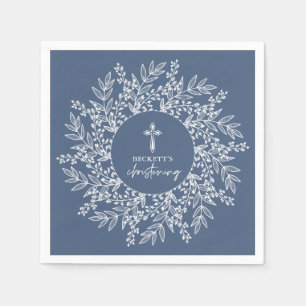 Elegant Wreath and Cross Blue Boy Christening Napkin