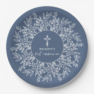 Elegant Wreath and Cross Blue Boy First Communion Paper Plate
