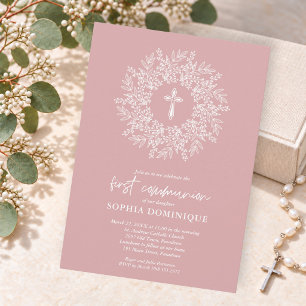 Elegant Wreath and Cross Girl First Communion Invitation