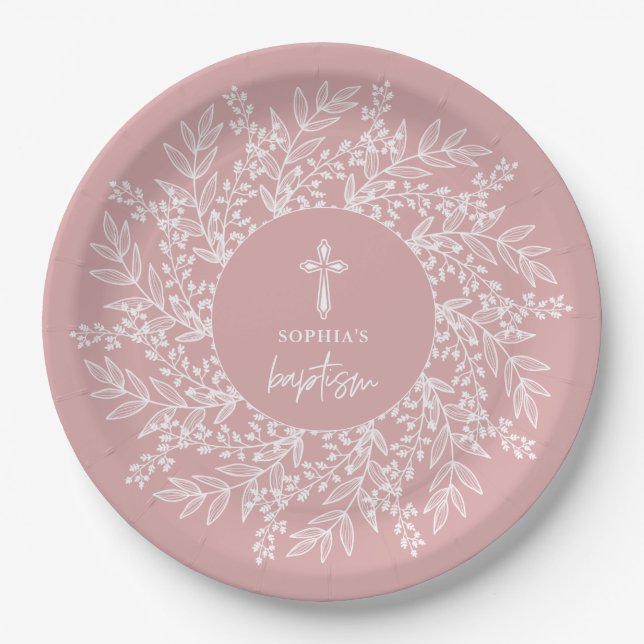 Elegant Wreath and Cross Pink Girl Baptism Paper Plate (Front)