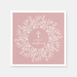 Elegant Wreath and Cross Pink Girl Christening Napkin