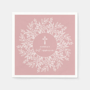 Elegant Wreath and Cross Pink Girl First Communion Napkin