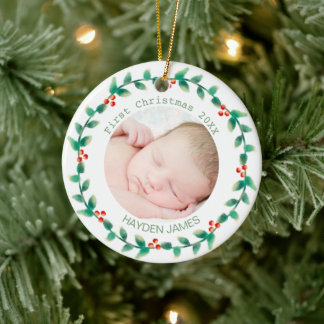 Elegant Wreath Baby's First Christmas Custom Photo Ceramic Ornament
