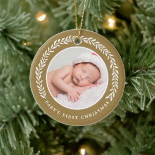 Elegant Wreath Baby's First Christmas Photo Ceramic Ornament