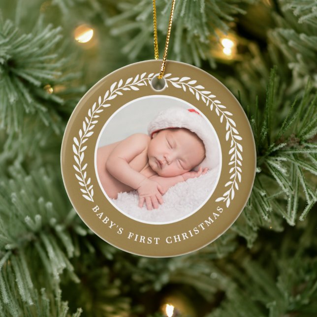 Elegant Wreath Baby's First Christmas | Photo Ceramic Ornament (Tree)