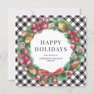 Elegant Wreath Black White Corporate Business Holiday Card