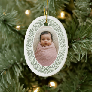 Elegant Wreath Bow Baby's 1st Christmas Photo Ceramic Ornament