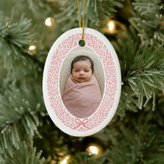 Elegant Wreath Bow Baby's 1st Christmas Photo Ceramic Ornament