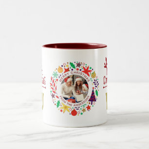 Elegant Wreath Christmas Photo Family Monogram Two-Tone Coffee Mug