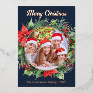 Elegant Wreath Family Photo Merry Christmas Foil Holiday Card