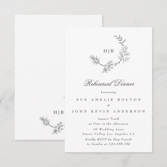 Elegant Wreath Floral Monogram Minimal Wedding Enclosure Card (Front/Back)
