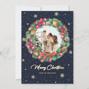 Elegant Wreath Gold Blue Photo Christmas Holiday Card