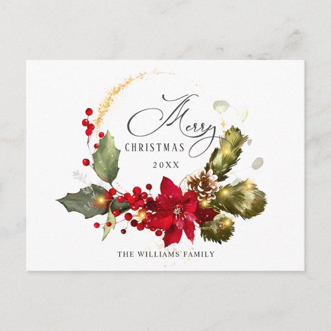 Elegant Wreath Holly Berry Mistletoe Christmas Postcard (Front)
