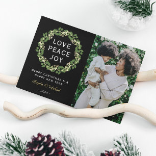 Elegant Wreath Love Peace Joy Photo Foil Holiday Card