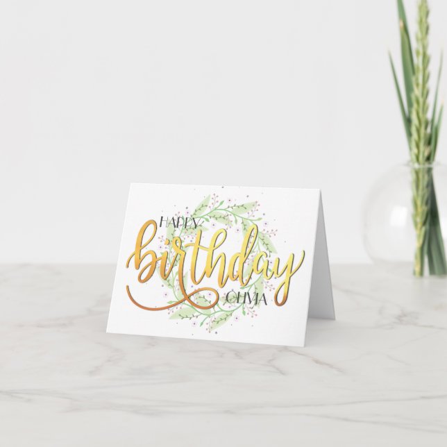 Elegant Wreath Modern Custom Gold Birthday Card (Front)