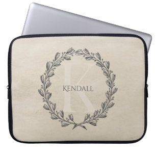 Elegant Wreath Monogram Beige Laptop Sleeve