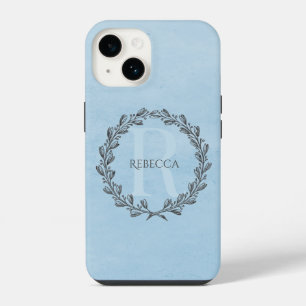 Elegant Wreath Monogram Blue iPhone 14 Case