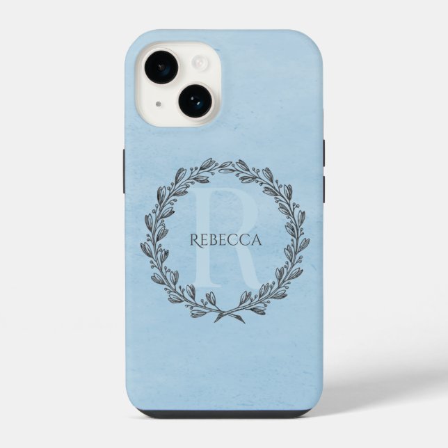 Elegant Wreath Monogram | Blue iPhone Case (Back)