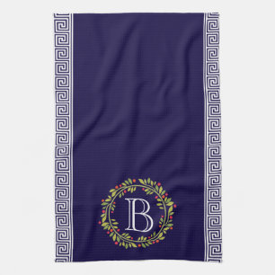 Elegant Wreath Monogram Greek key Pattern Kitchen Towel