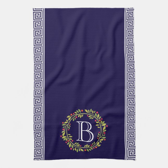 Elegant Wreath Monogram Greek key Pattern Kitchen Towel (Vertical)
