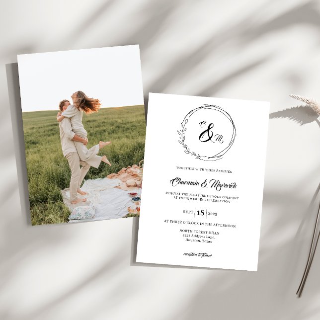 Elegant Wreath Monogram Photo Wedding Invitation (Creator Uploaded)