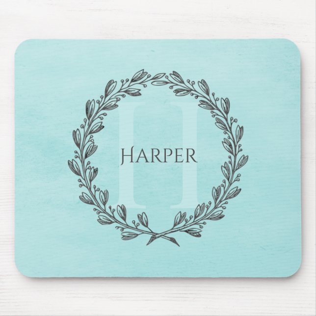Elegant Wreath Monogram | Teal Mouse Pad (Front)