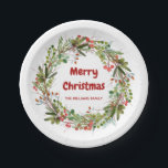 Elegant Wreath Personalized Christmas  Paper Plate<br><div class="desc">Red-green berries and branches winter Christmas wreath paper plates. Customizable!</div>