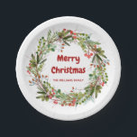 Elegant Wreath Personalized Christmas  Paper Plate<br><div class="desc">Red-green berries and branches winter Christmas wreath paper plates. Customizable!</div>