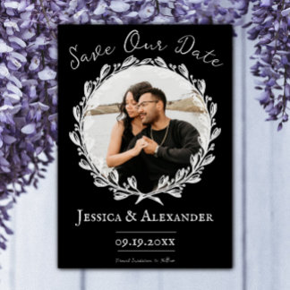 Elegant Wreath Photo Frame | Black Save The Date