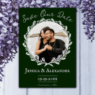 Elegant Wreath Photo Frame Emerald Green Save The Date