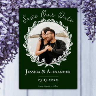 Elegant Wreath Photo Frame | Emerald Green Save The Date