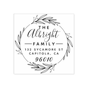 Elegant Wreath & Script Family Name Return Address Rubber Stamp