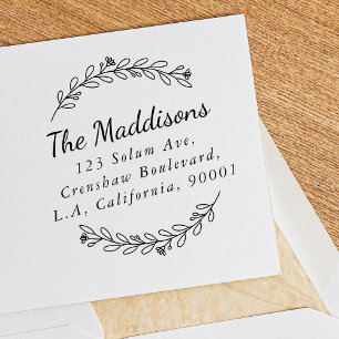 Elegant Wreath Script Family Name Return Address Rubber Stamp