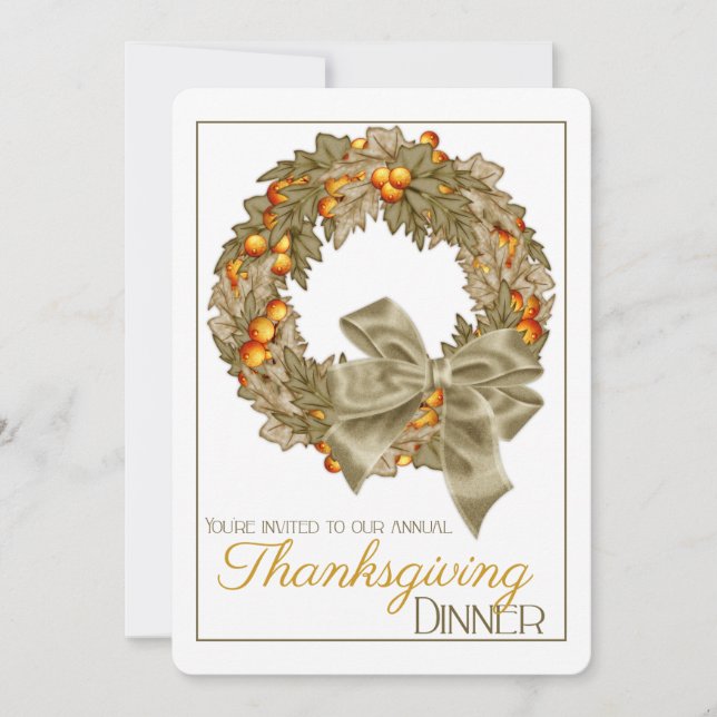 Elegant Wreath Thanksgiving Dinner Party Invite (Front)