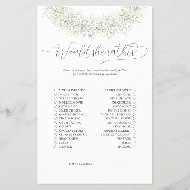 Elegant Wreath Would She Rather Bridal Game Flyer (Front)