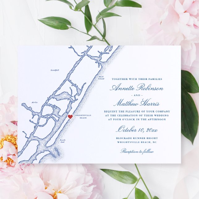Elegant Wrightsville Beach NC Map Wedding Invitation (Elegant Wrightsville Beach NC Wedding Invitation with navy blue Map from Coastal Map Designs)