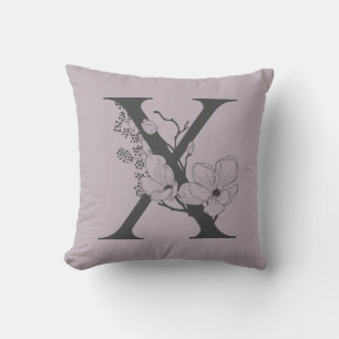 Elegant X Boho Floral Monogram Initial Lilac Grey Throw Pillow