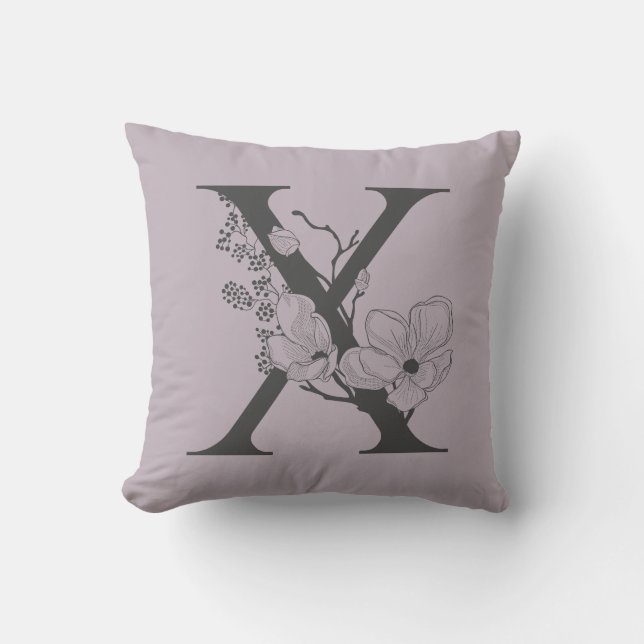 Elegant X Boho Floral Monogram Initial Lilac Grey Throw Pillow (Front)