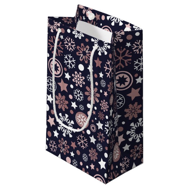 Elegant xmas rose gold metallic snowflakes small gift bag (Front Angled)