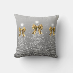 Elegant Xmas Sparkling Trees Silver Faux Gold Bow Throw Pillow