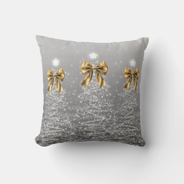 Elegant Xmas Sparkling Trees Silver Faux Gold Bow Throw Pillow (Front)