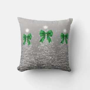 Elegant Xmas Sparkling Trees Silver Faux Green Bow Throw Pillow