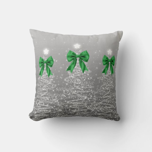 Elegant Xmas Sparkling Trees Silver Faux Green Bow Throw Pillow (Front)