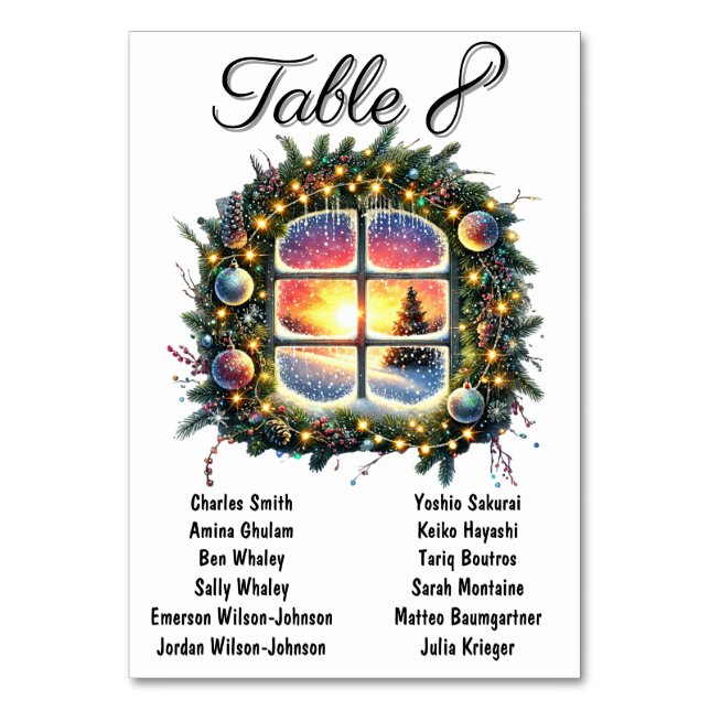 Elegant Xmas Wedding Table Seating Chart Cards (Front)